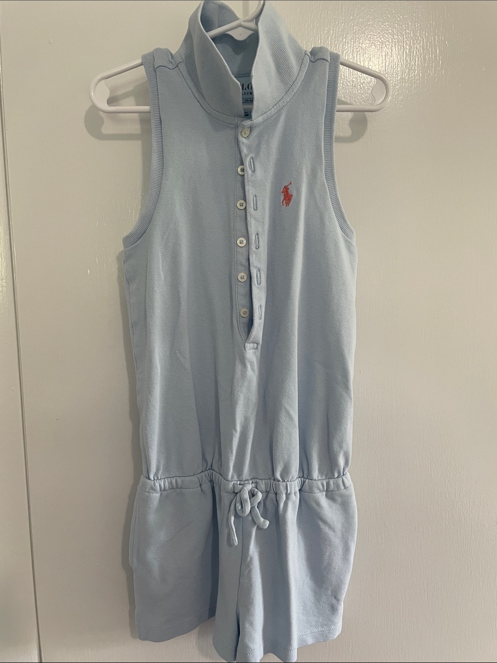 Ralph Lauren Light Blue Sleeveless Polo Romper with Coral Pony